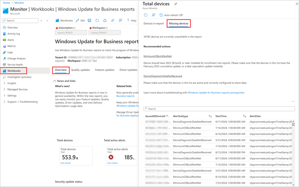A screenshot of missing devices in Windows Update for Business reports, showing the two new alerts.