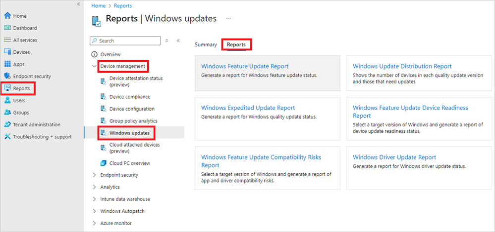 A screenshot of the Reports tab in the Microsoft Intune admin center.