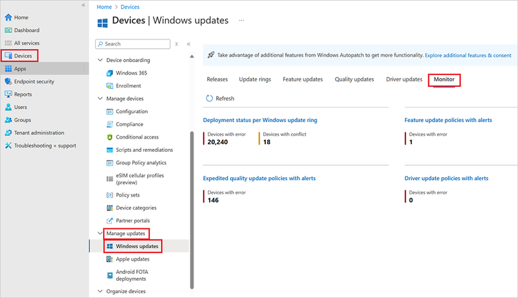 A screenshot of the consolidated view of update policies with active alerts in Microsoft Intune.