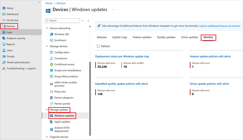 A screenshot of the consolidated view of update policies with active alerts in Microsoft Intune.