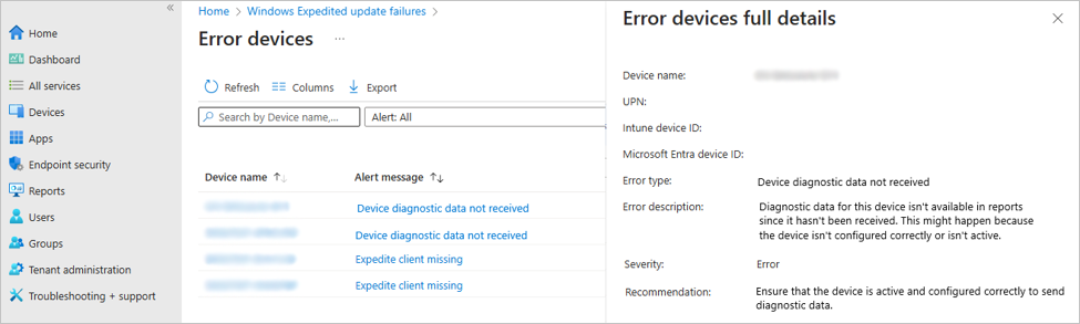 A screenshot of the Error devices full details flyout for a selected alert message.