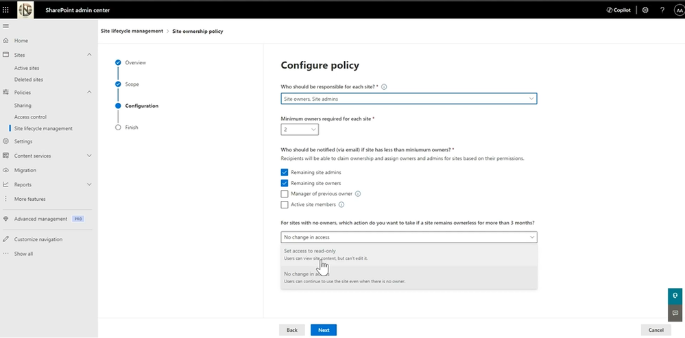 Screenshot: Site ownership policy