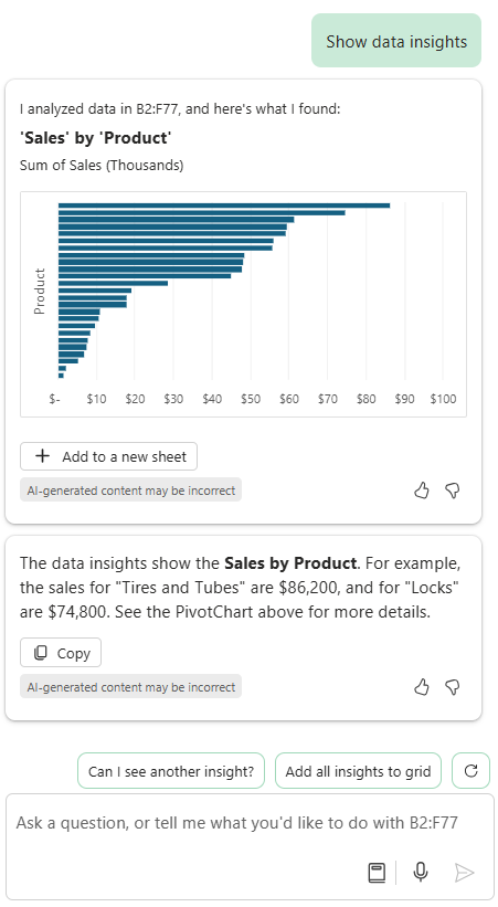 Copilot in Excel pane showing the above prompt and the response which includes a chart of Sales by Product, the description below, and buttons for “Can I see another insight?” and “Add all insights to grid”