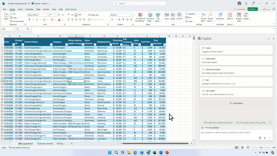 Copilot in Excel is asked to group units sold by state. Copilot provides a suggested PivotTable. The PivotTable is inserted onto a new spreadsheet.