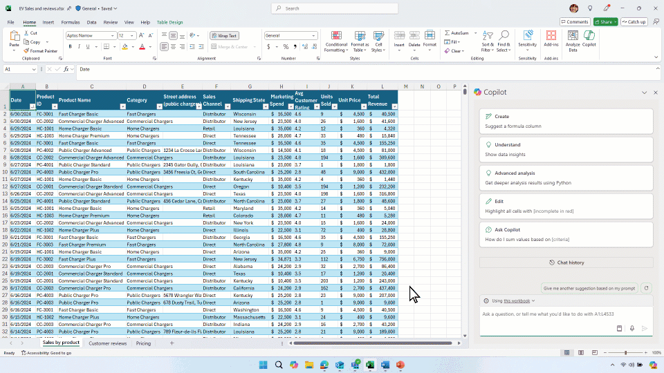 Copilot in Excel is asked to calculate the profit and profitability. Copilot provides suggested formulas. One of the suggestions is previewed, then inserted into the spreadsheet.