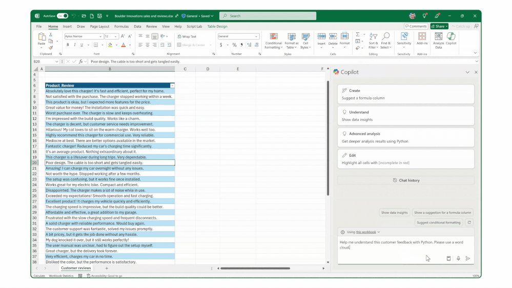 Copilot in Excel with Python conducts text analysis. It inserts the analysis, including a word cloud, onto a new sheet.