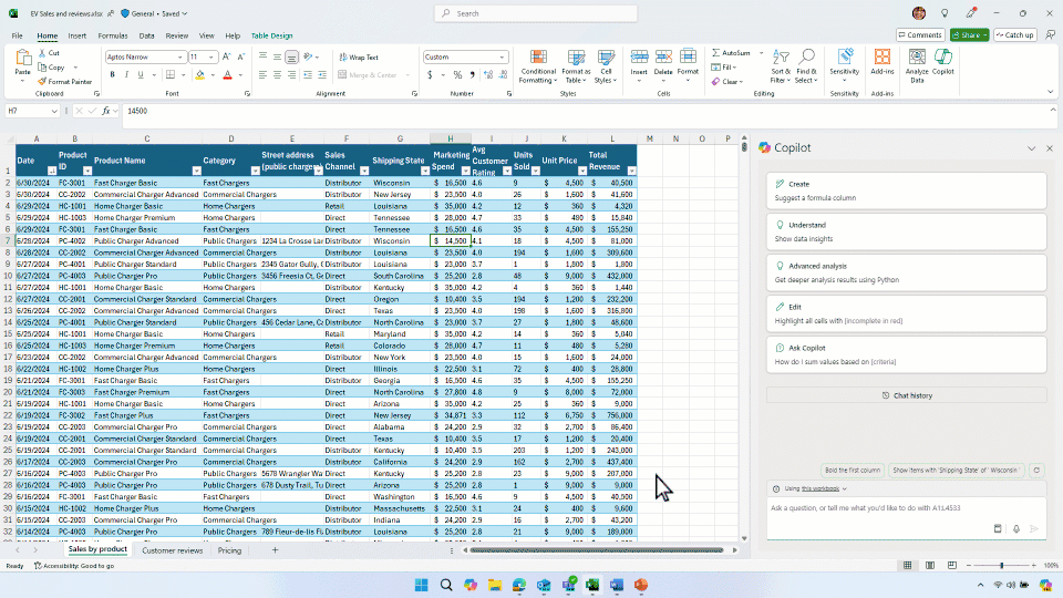 Copilot in Excel is asked to highlight marketing spend if it is higher than revenue. Copilot provides a suggested conditional formatting formula. The suggestion is applied and the highlights appear in the spreadsheet.