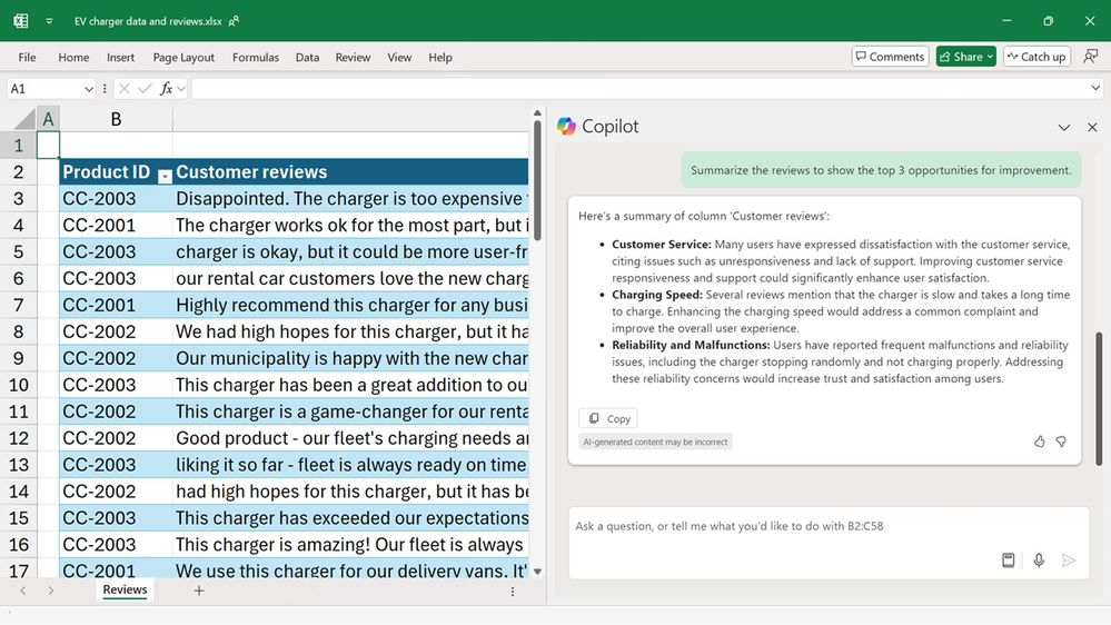Copilot in Excel provides an analysis of written customer reviews.