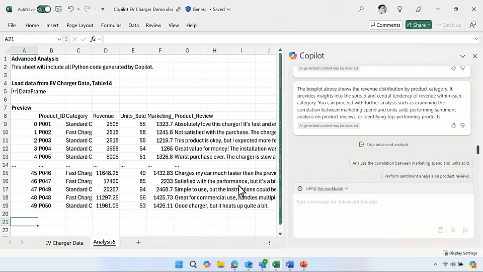 Copilot in Excel with Python is asked to visualize data. Copilot creates and inserts Python code resulting in three chart types.
