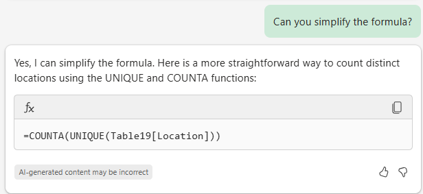 Copilot in Excel pane with the above prompt and the response below