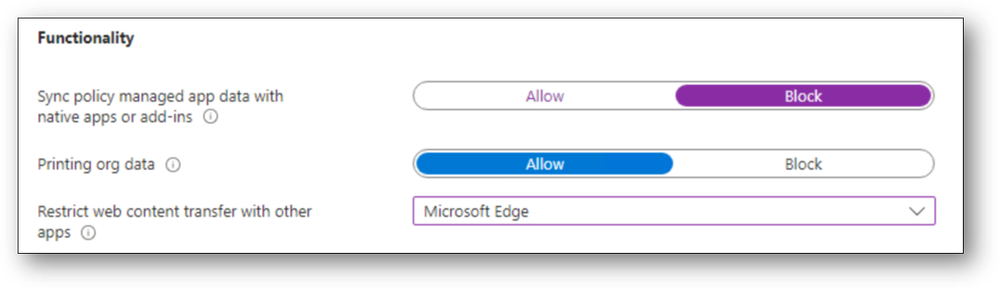 Figure 1: An image showing the “Restrict web content transfer with other apps” set to Microsoft Edge.