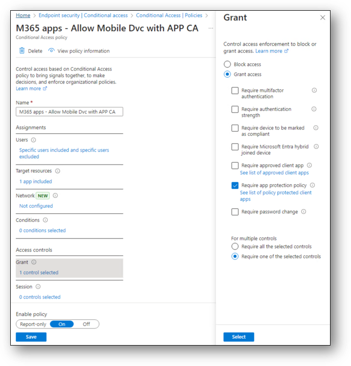 Figure 2: An image of the Require app protection policy grant control in Conditional Access.