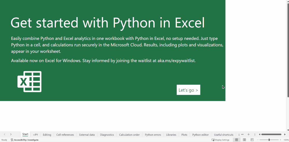 GIF showing how to interact with the Get Started with Python in Excel template