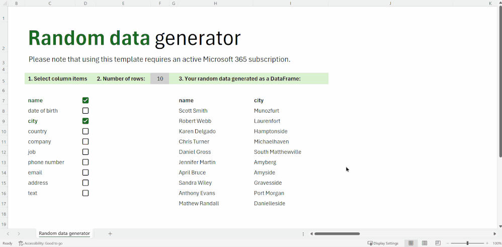 GIF showing how to interact with the random data generator template