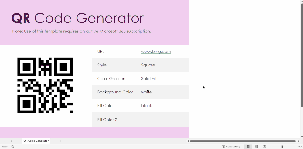 GIF showing how to create a QR code using the Excel template