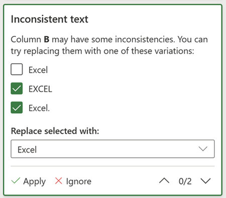 Inconsistent text suggestion card showing an example of mixed cases to the word “Excel”, including 