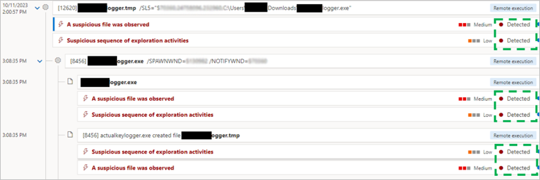 Screenshot showing keylogging and exploration activity