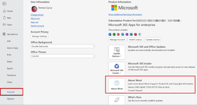 For Microsoft Office desktop apps, you can select File > Account > About App.