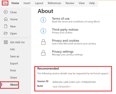 For the web applications, you select the File tab and choose About.