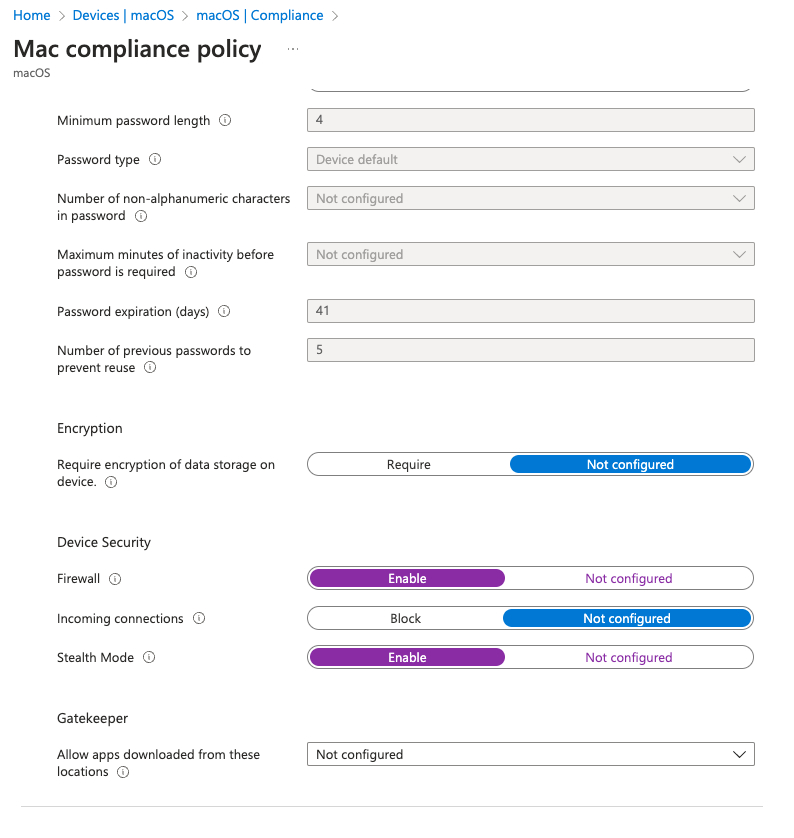 Screen shot from the Microsoft Intune admin center of a macOS compliance policy.
