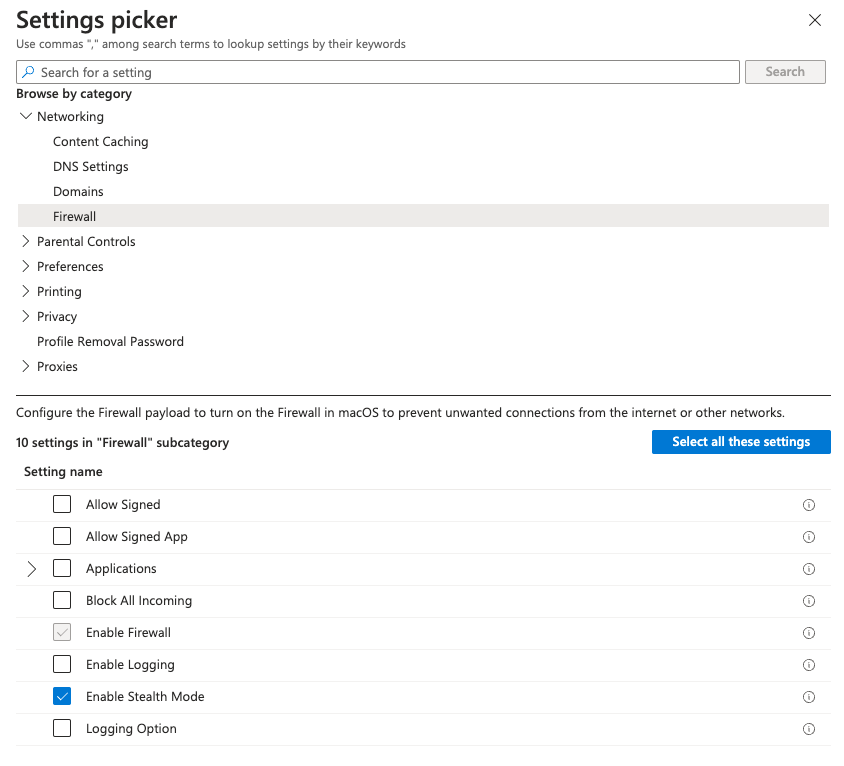 Screen shot of where to enable Stealth Mode in the settings picker for Firewall.