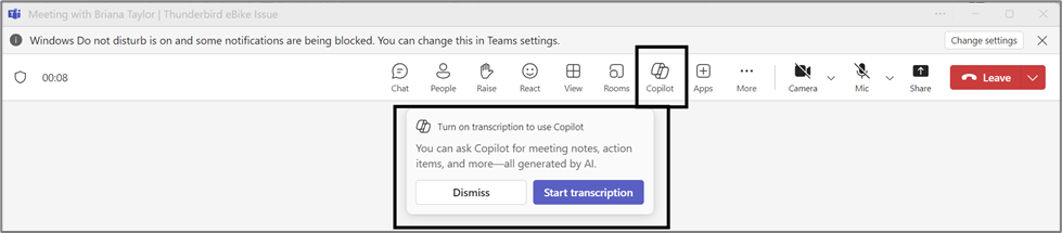 An image showing where to access Copilot in Teams.
