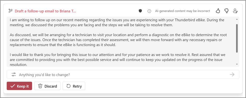 An image of a Copilot generated response in Outlook.
