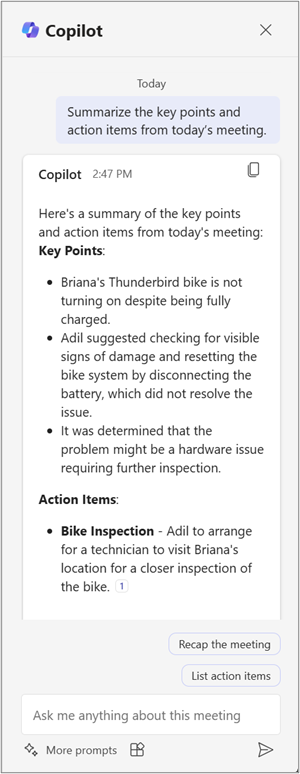 An image of a Copilot generated response in Teams.