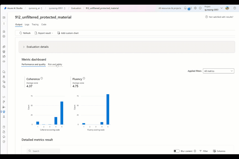 Evaluation for protected material in Azure AI Studio