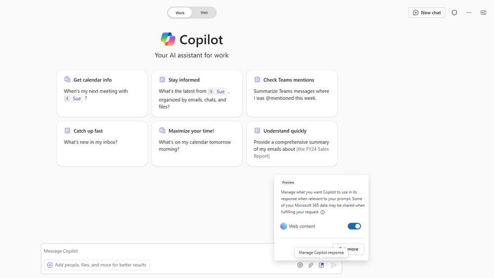 Screenshot: Web content plugin end user toggle for Microsoft 365 Copilot
