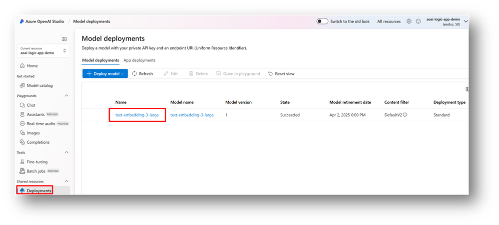 Figure 12 - Azure OpenAI embedding model name