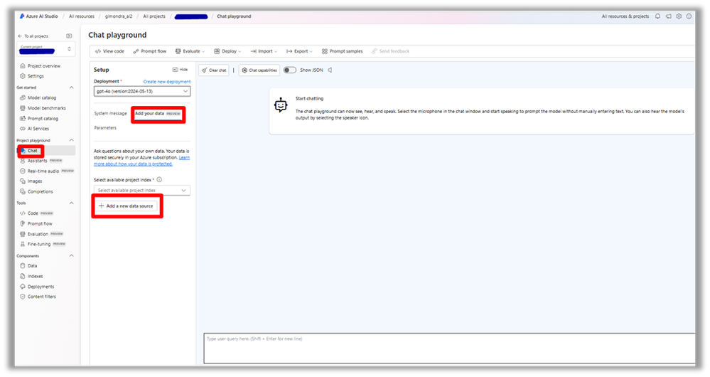 Figure 15 - Azure AI Studio Chat Playground "Add your data"