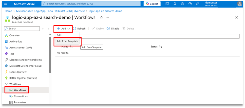 Figure 3 - Add workflow from Template in Azure Logic App