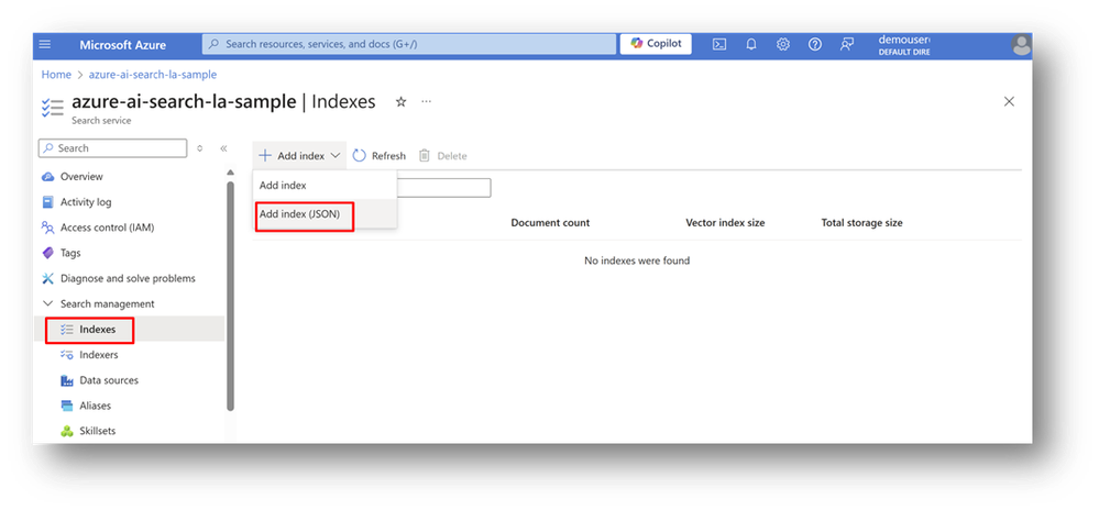 Figure 1 - Create Azure AI Search index from JSON using Azure portal