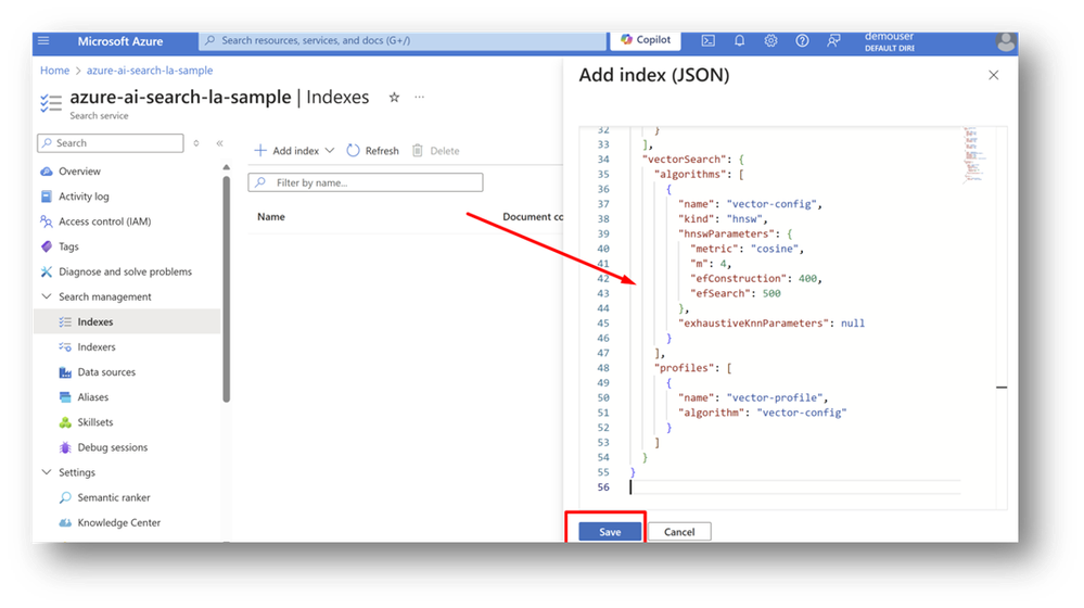 Figure 2 - Copy the JSON template provided in this tutorial for index creation