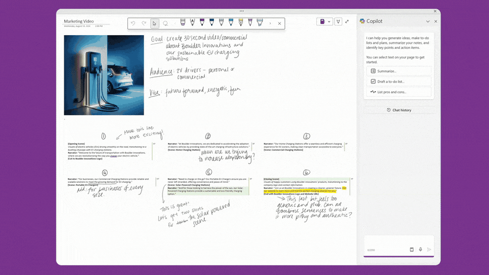 In the OneNote app, user handwrites a prompt in Copilot chat pane to update content on their OneNote page.