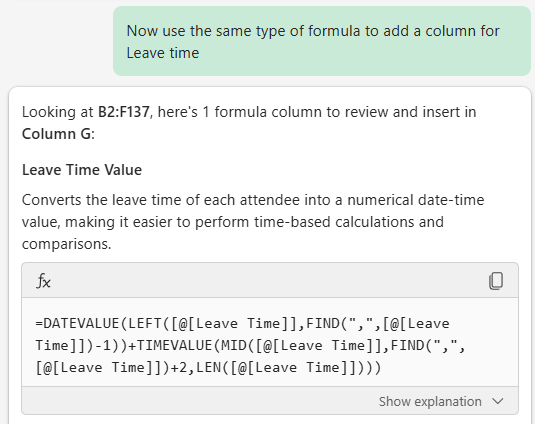 Copilot in Excel pane with the above prompt and the response below
