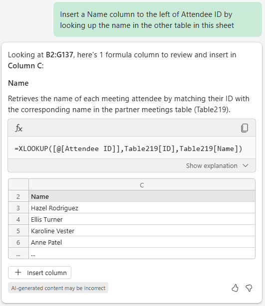 Copilot in Excel pane with the above prompt and the response below