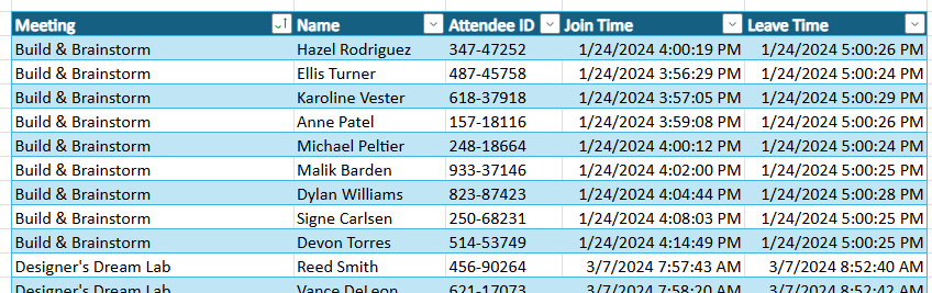 Table of partner meetings with columns for Meeting name, Attendee Name, Attendee ID, Join Time, and Leave Time.