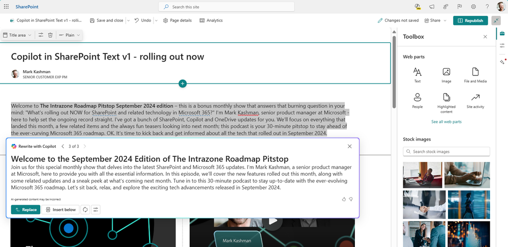 Using Copilot within the SharePoint Text web part to rewrite copy and adjust tone.
