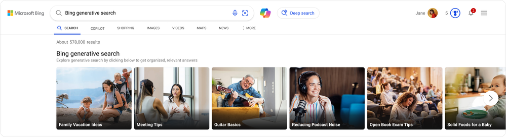 Bing generative search displays a carousel of queries to select and demo, allowing you to experience how generative search can deliver more relevant and comprehensive answers for a wide range of topics.