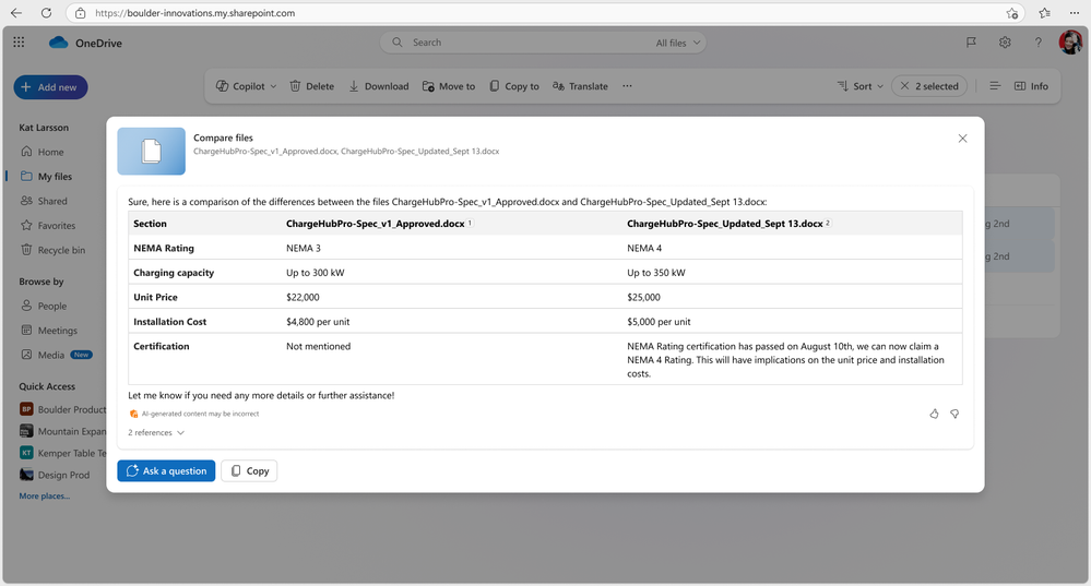 You can now select up to five files―even mixing formats such as Word docs, PowerPoints, and PDFs―and have Copilot offer a detailed comparison across all the files.