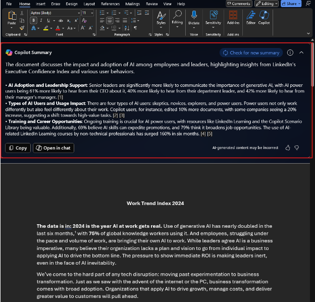A screenshot of Copilot in Word providing a document summary.