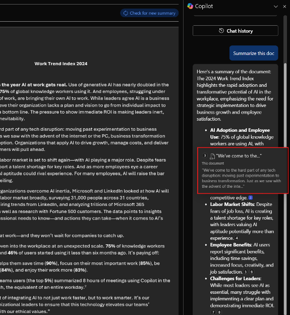 A screenshot of Copilot giving a more detailed summary in the Copilot pane with links to citations in the document