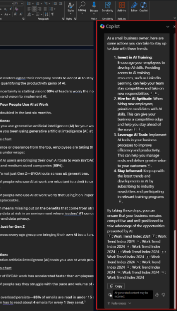 A screenshot of Copilot providing insights and providing suggestions on next steps