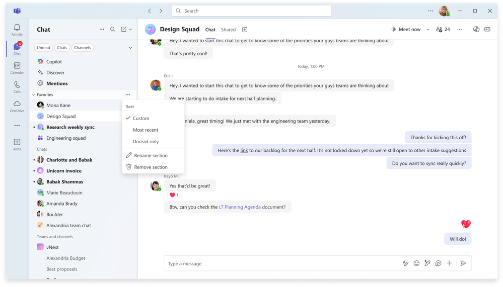 Right-click on sections in Favorites to view the context menu and sort a section’s conversations.