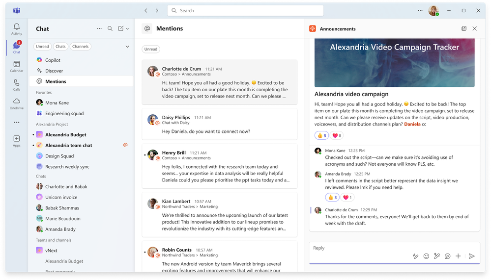 Select the @mention view for an interactive single list of all your @mention messages across chat, channels, and meetings. Reply directly on the right-side pane.