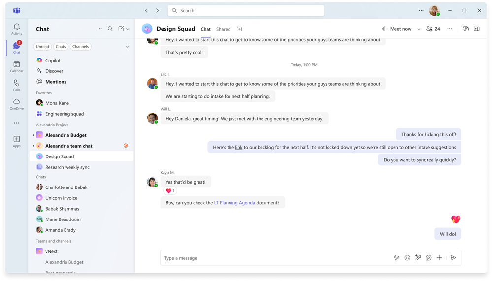 Chat list with favorites and a custom section. Organize your chat, channels and meeting chat conversations to fit your needs.