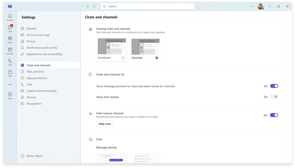 New controls let you view chat and channels combined or separate and let you choose to show message preview and time stamps.