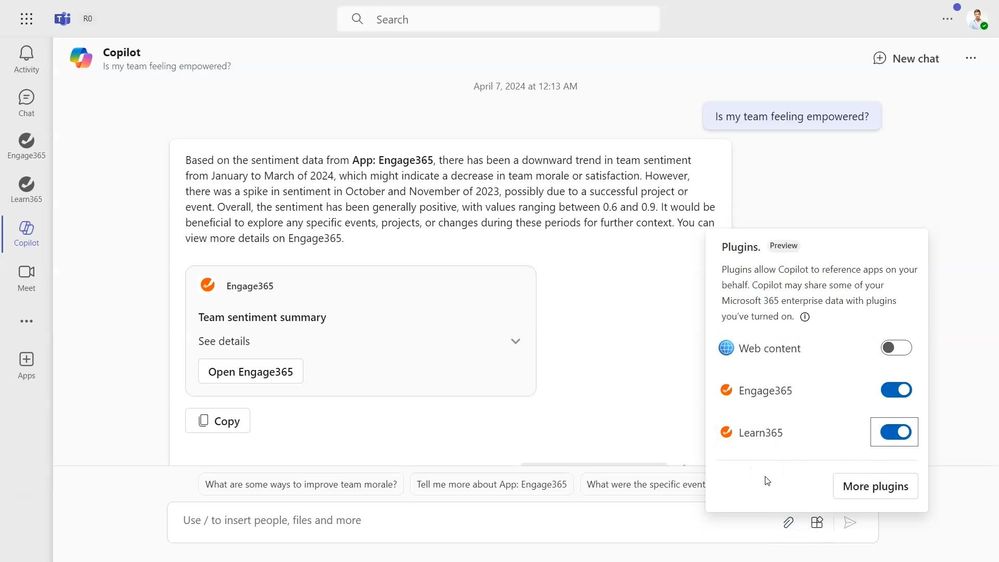 Engage365 team sentiment summary.
